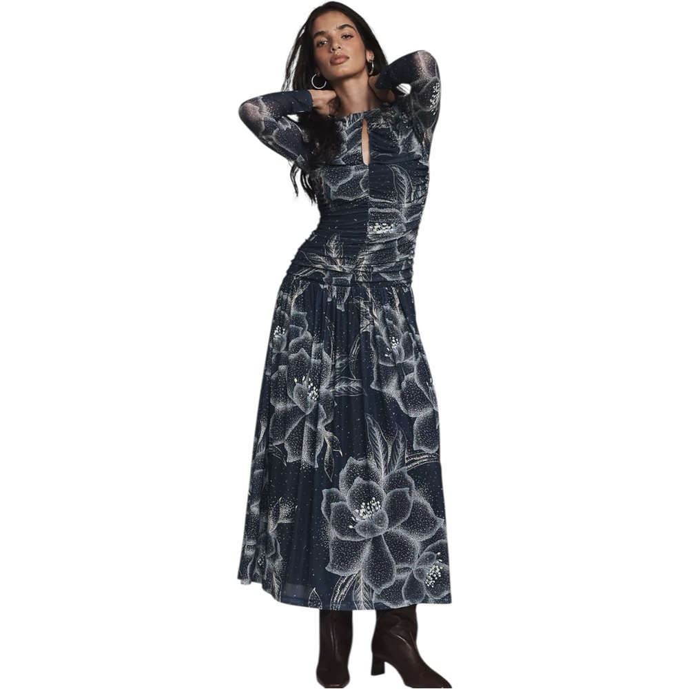 Farm Rio x Anthropologie Long-Sleeve Keyhole Maxi Long Sleeve Dress Sz S NWT